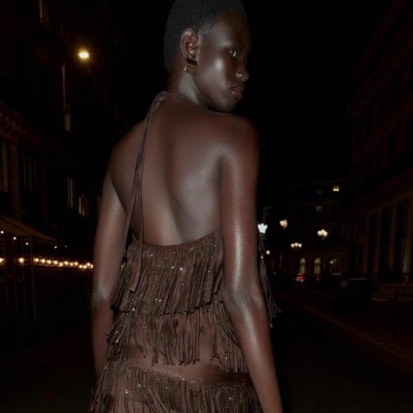 ZARA Dark Brown shimmer faux suede fringe top size large - Picture 3 of 9